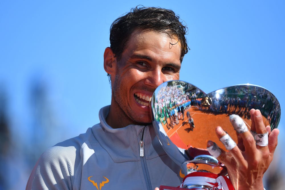Rafael Nadal lifting the Monte-Carlo 2018 trophy
