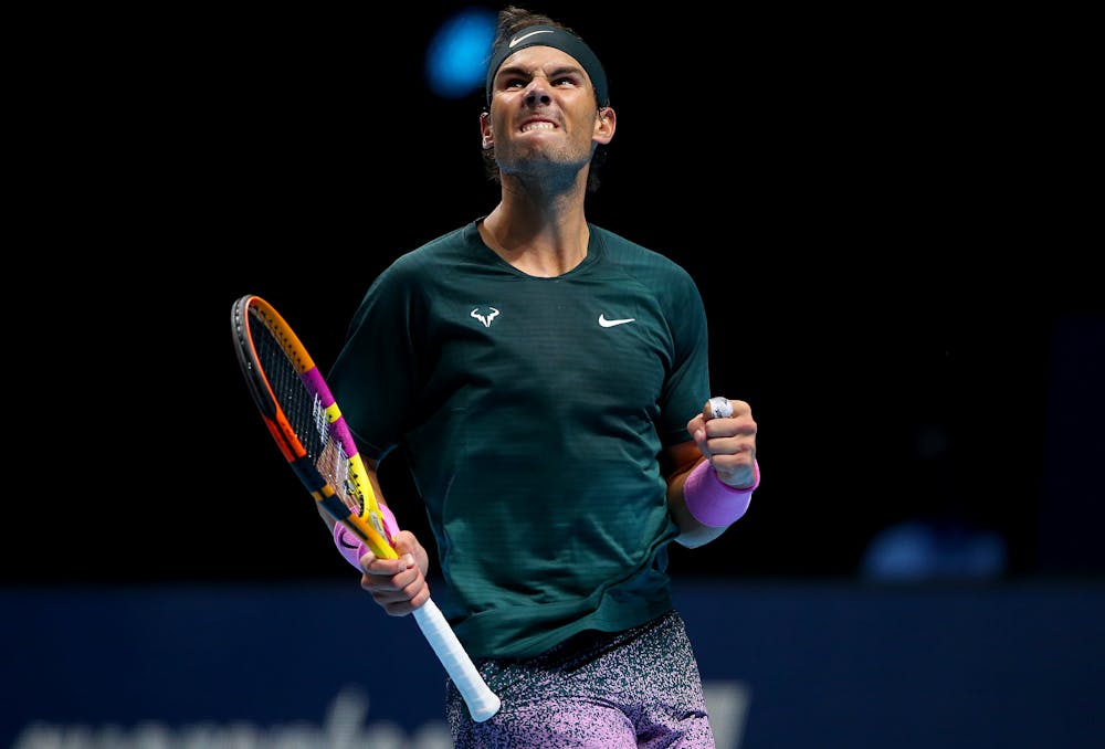 Rafael Nadal celebrating during his match against Stefanos Tsitsipas during the ATP Finals 2020
