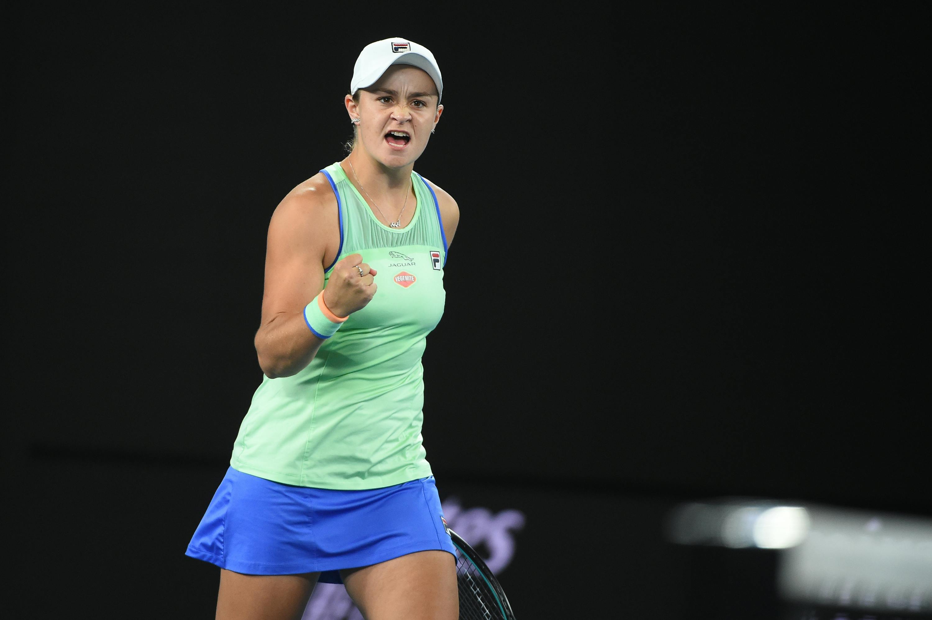 Ashleigh Barty fist pumping in Melbourne 2020