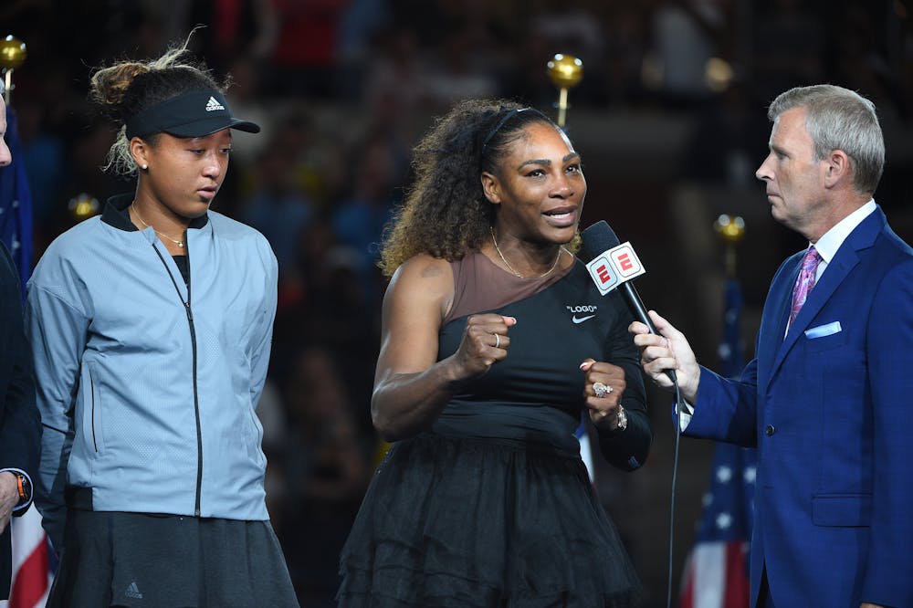 Serena talking during the trophy presentation US Open 2018