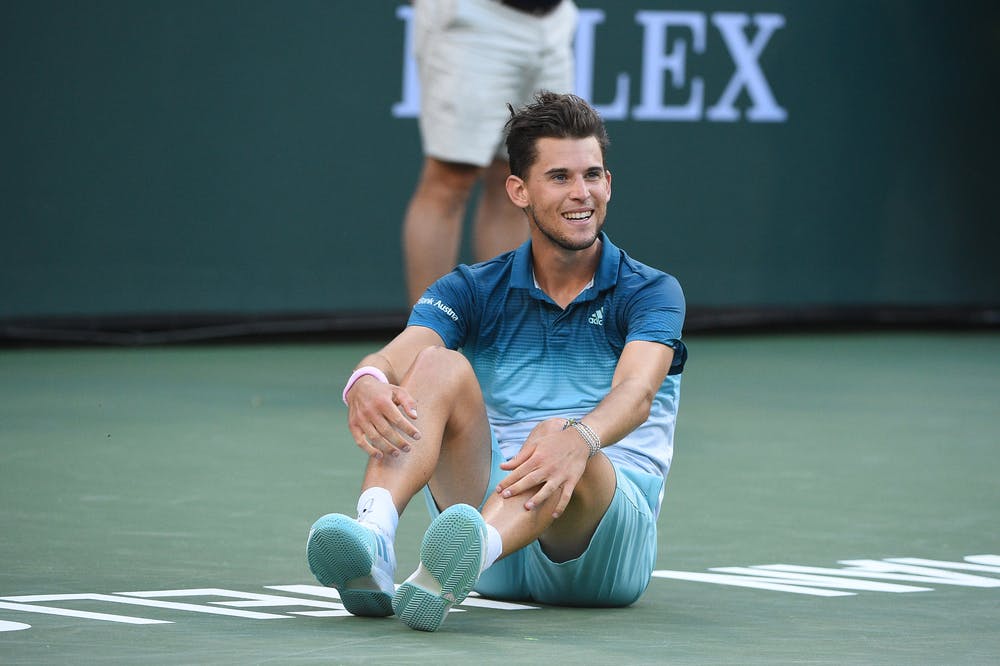 Dominic Thiem smiling right after match point in the 2019 Indian Wells final