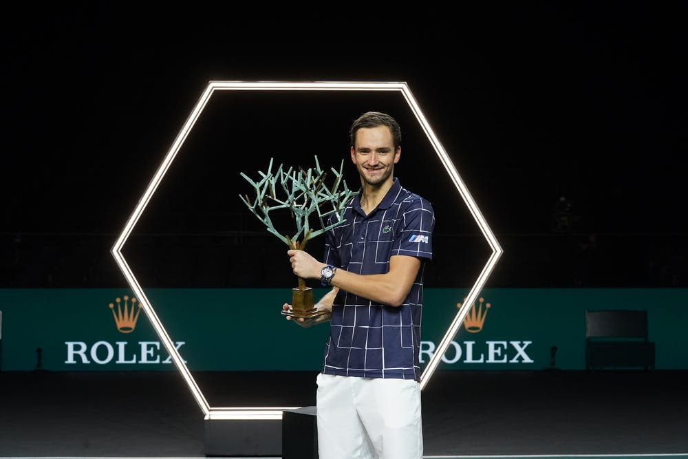 Daniil Medvedev posing with his Rolex Paris Masters 2020 trophy