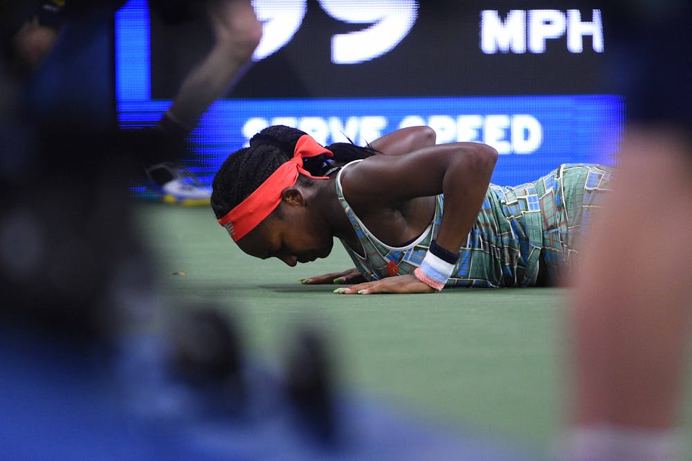 Coco Gauff on the floor at the 2019 US Open