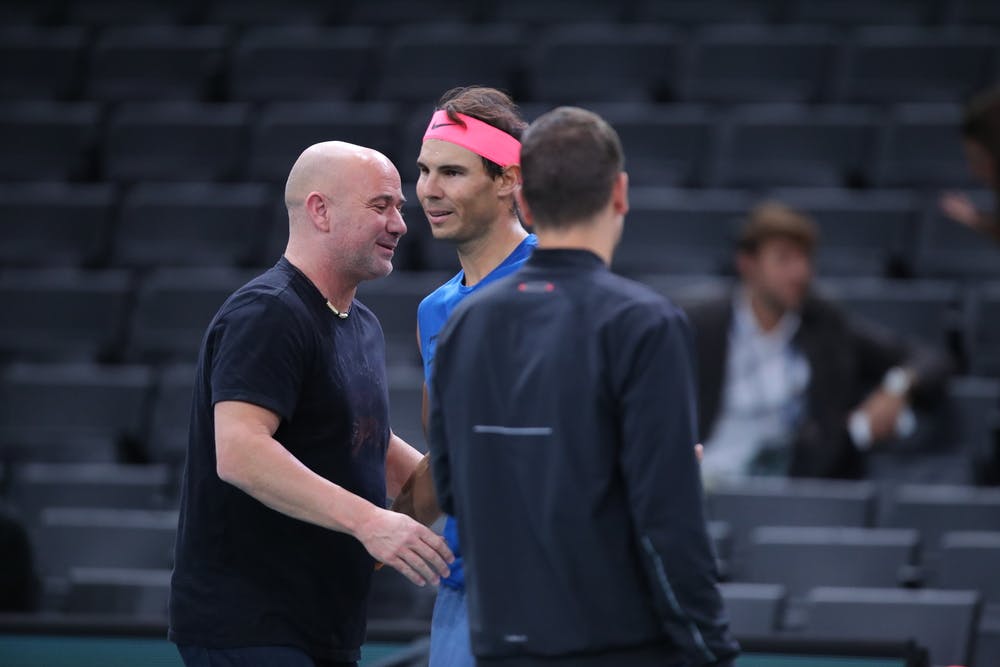 Rafael Nadal laughing with Andre Agassi and Dani Vallverdu ahead of the 2018 Rolex Paris Masters