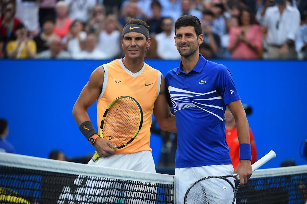 Rafael Nadal and Novak Djokovic posing before the 2019 Australian Open final