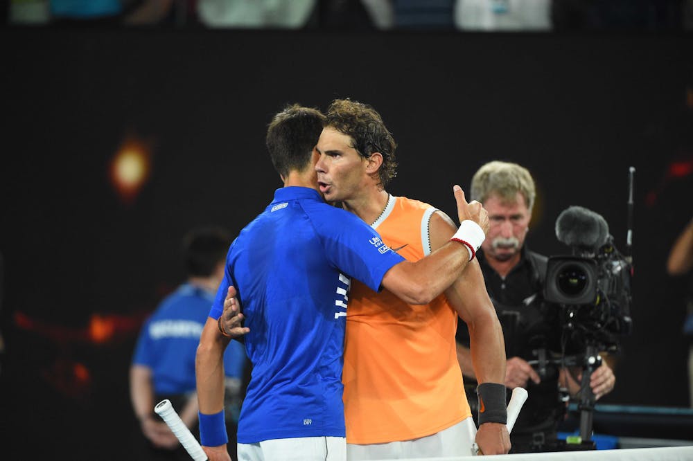 Rafael Nadal congratulates Novak Djokovic at the net during 2019 Australian Open final