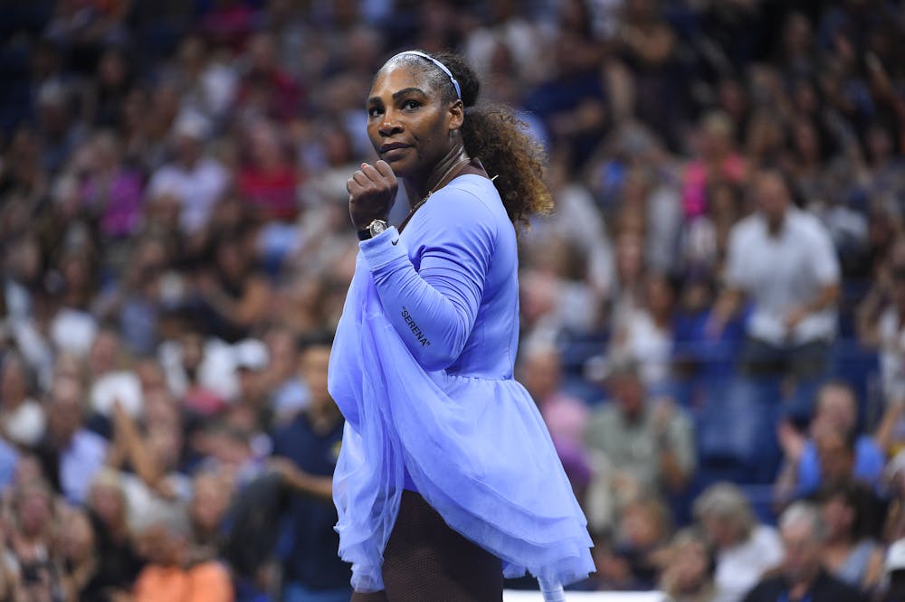 Serena Williams looking to her bow at the end of her semifinal match at the US Open 2018