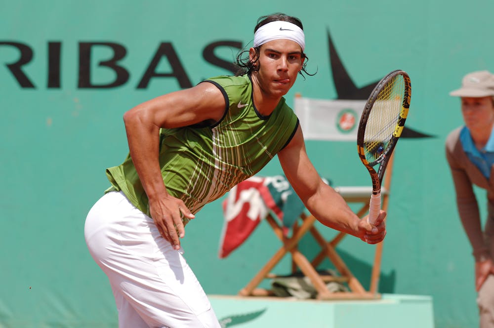 Rafael Nadal during his first round against Burgsmüller at Roland-Garros 2005