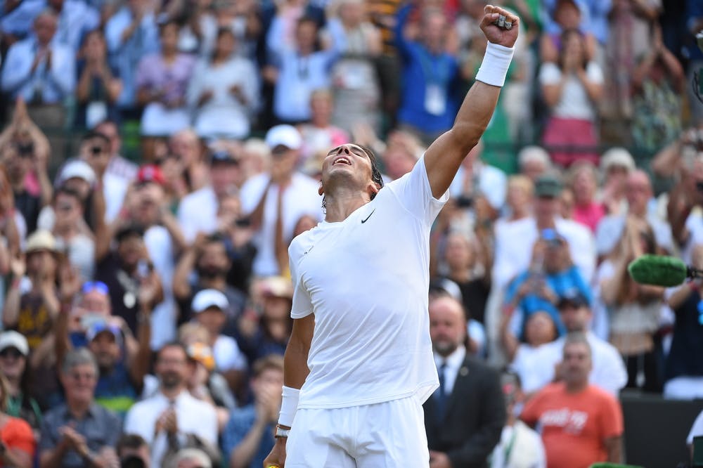 A victory gesture from Rafael Nadal at Wimbledon 2019