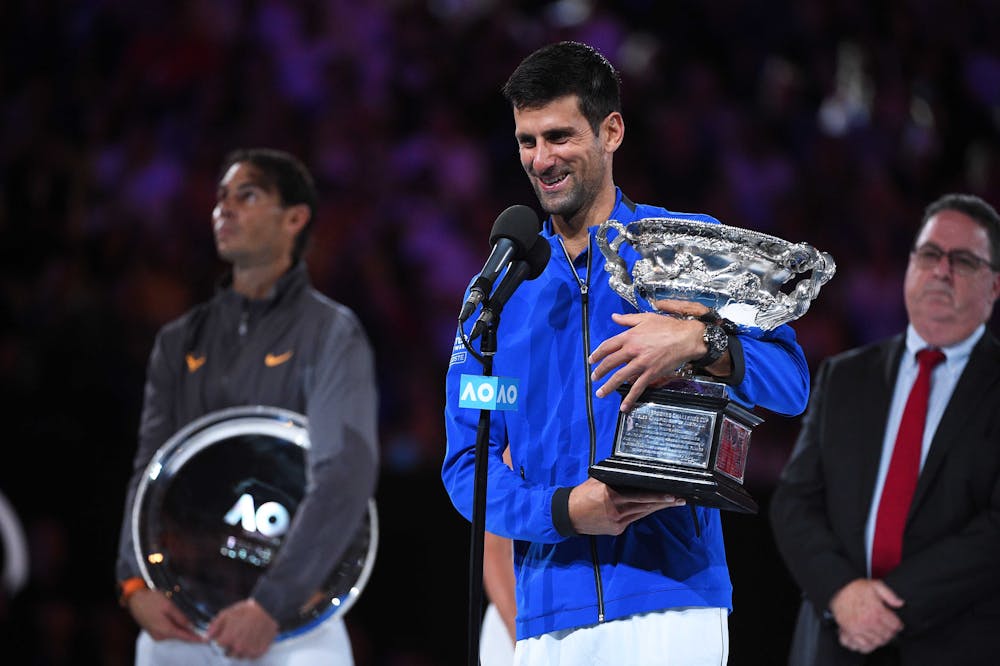 Novak Djokovic talknin g during his speech at the 2019 Australian Open
