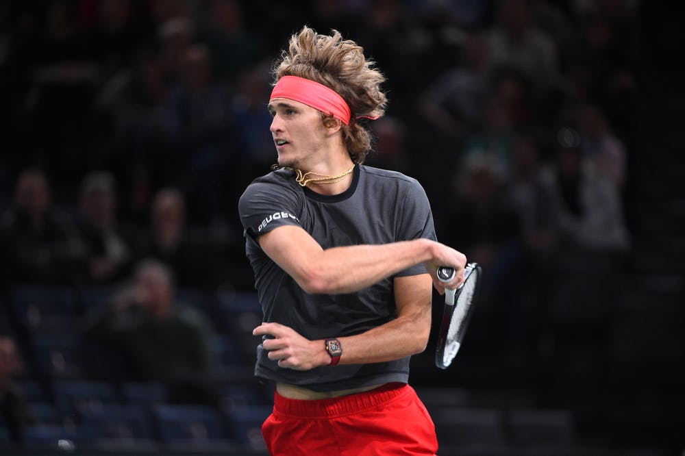 Sascha Zverev hitting a forehand at the 2018 Rolex Paris Masters