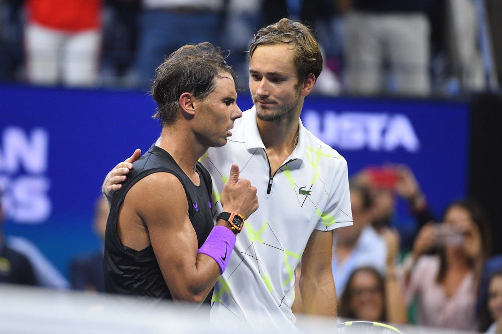 Rafael Nadal and Daniil Medvedev at the net at the 2019 US Open