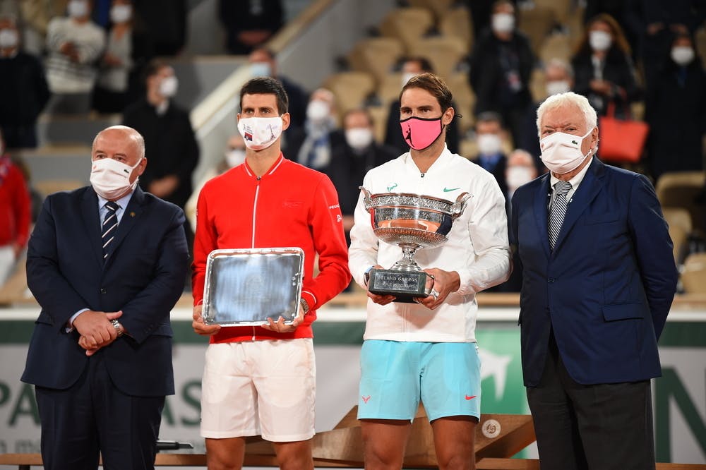 Bernard Giudicelli, Novak Djokovic, Rafael Nadal, Nicola Pietrangeli, Roland-Garros 2020, finale, remise des trophées