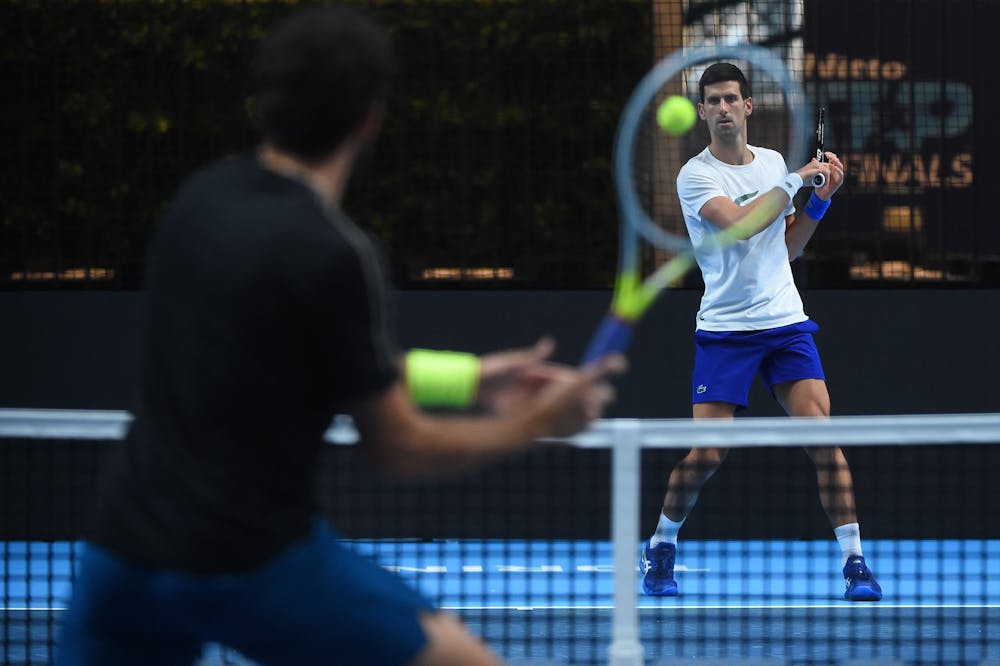 Novak Djokovic at practice ahead of the 2021 ATP Finals in Turin