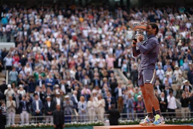 Rafael Nadal eyes closed with his Roland-Garros 2019 trophy