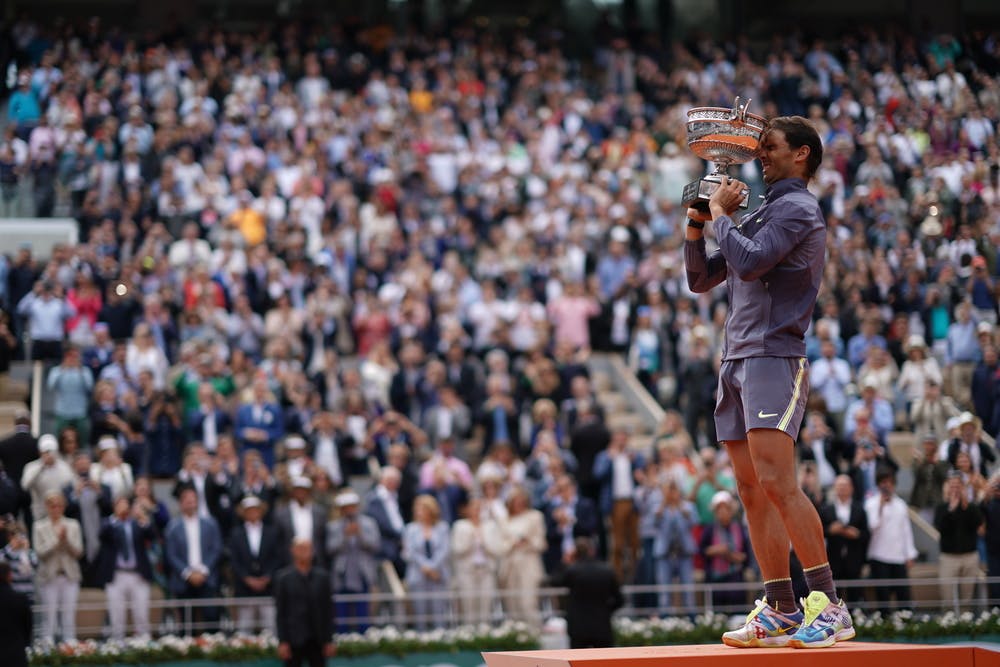 Rafael Nadal eyes closed with his Roland-Garros 2019 trophy
