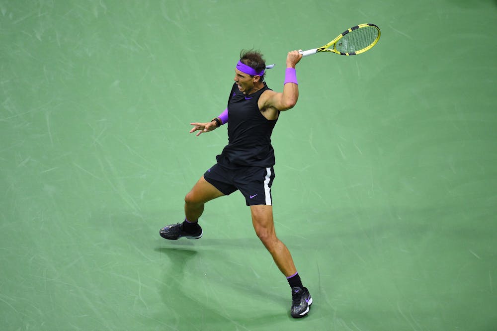 Rafael Nadal hiting a forhand during his semifinal at the 2019 US Open