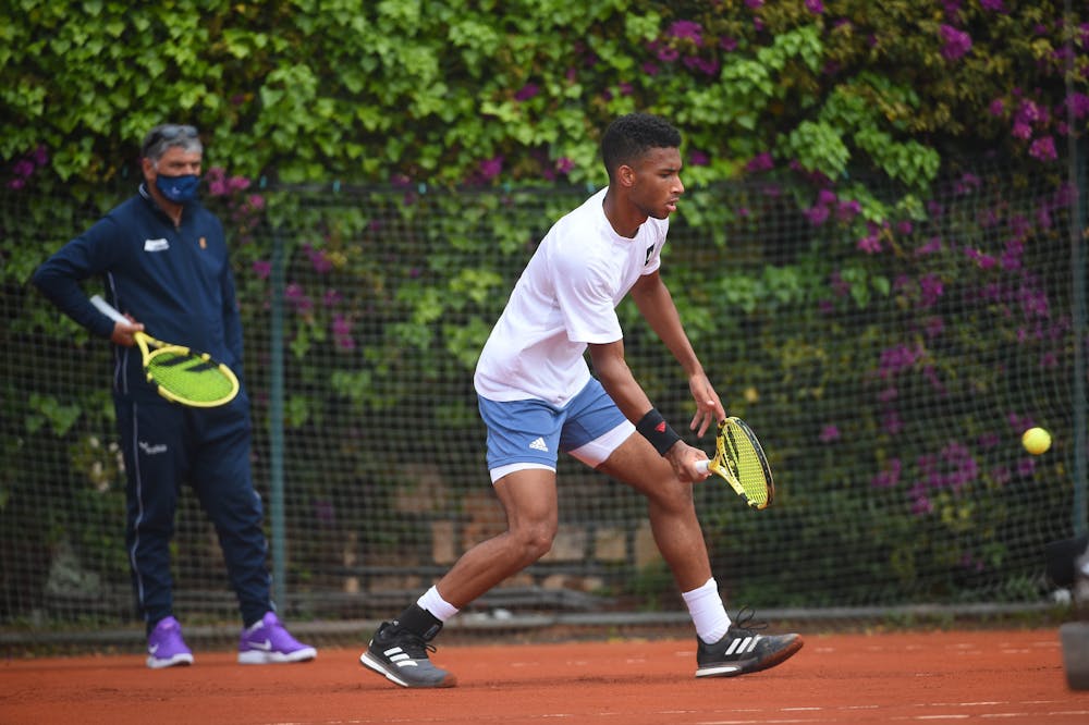 Toni Nadal coaching Felix Auger-Aliassime during practice at Rolex Monte-Carlo Masters 2021