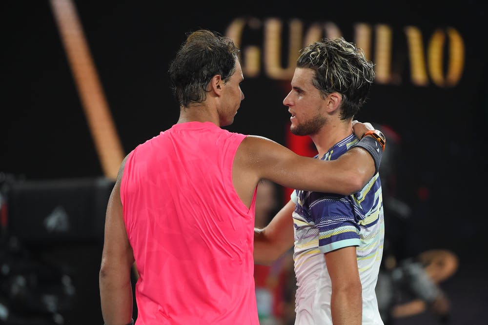 Rafael Nadal congratulates Dominic Thiem during the Australian Open 2020.