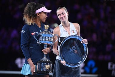 Naomi Osaka and Petra Kvitova laughing during the trophy presentation at the 2019 Australian Open