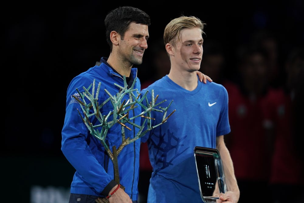 Novak Djokovic and Denis Shapovalov after 2019 Rolex Paris Masters final