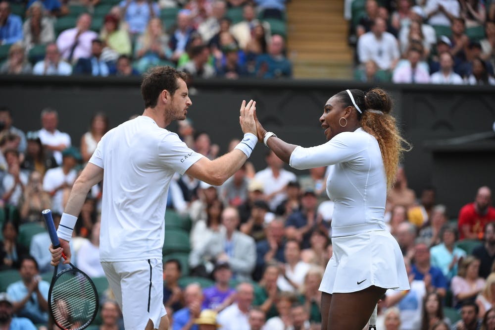 Andy Murray and Serena Williams playning mixed doubles at Wimbledon 2019