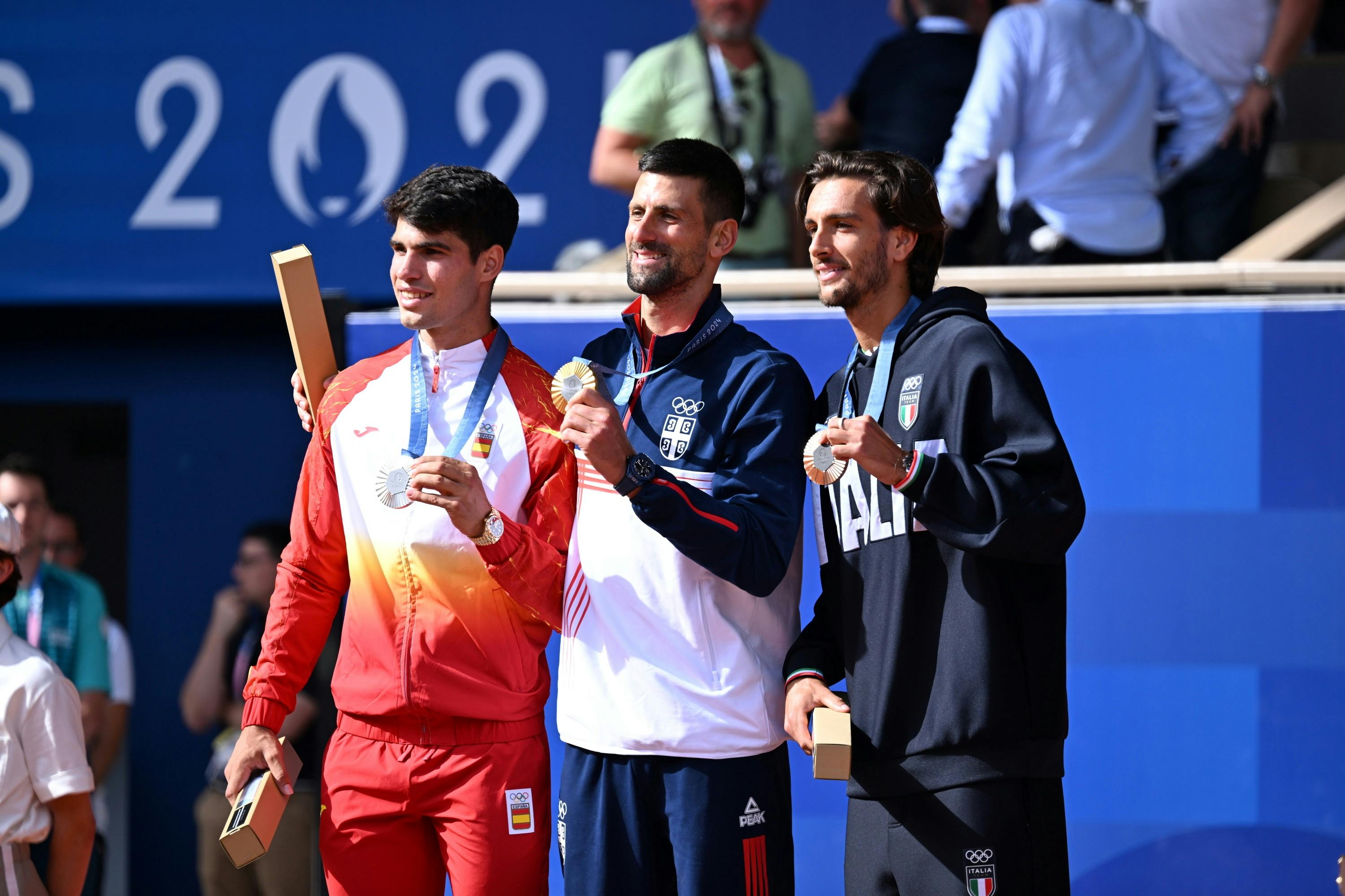 Carlos Alcaraz, Novak Djokovic & Lorenzo Musetti / Podium Jeux olympiques Paris 2024