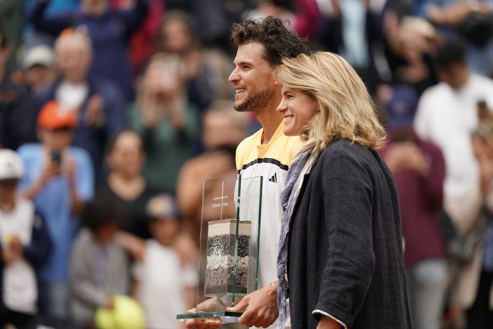 Dominic Thiem and Amelie Mauresmo during the Austrian's goodbye ceremony on Court Suzanne-Lenglen, Roland-Garros 2024
