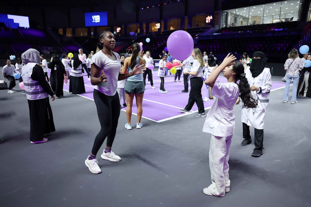 Coco Gauff during a kids' clinic in Saudi Arabia