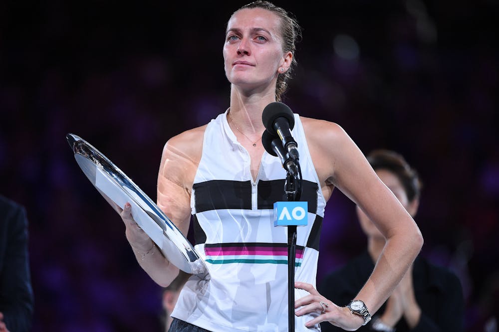 Petra Kvitova in tears during her specch at the trophy prestentation of the 2019 Australian Open.
