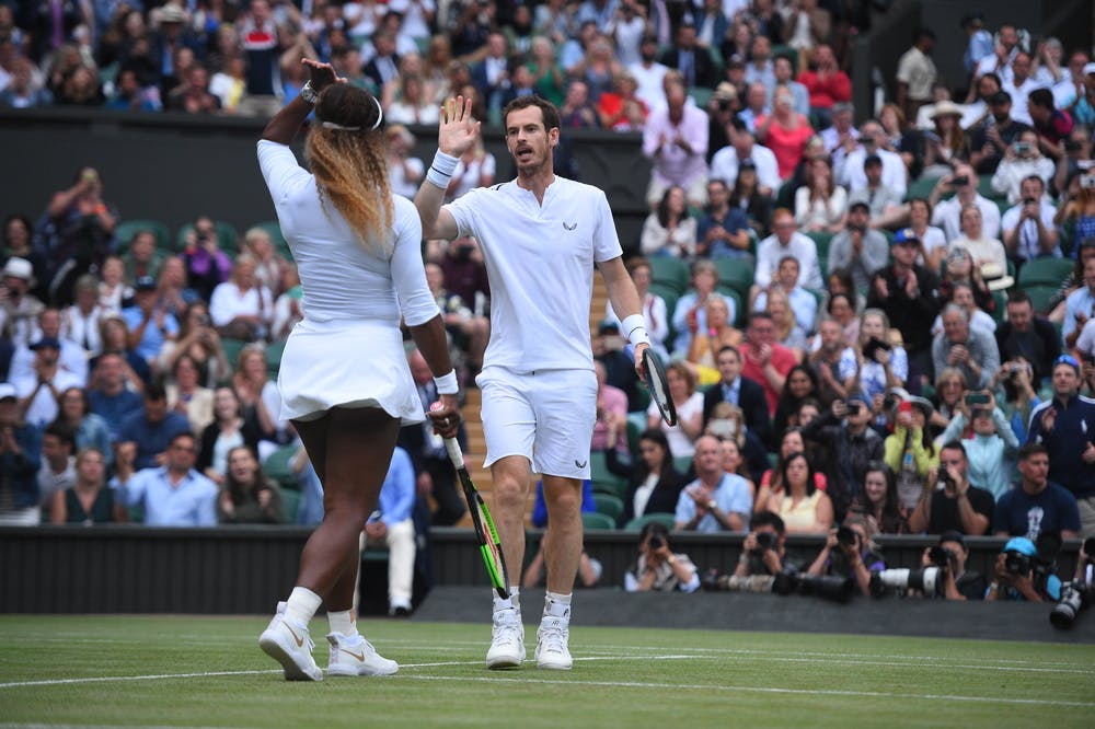 Andy Murray playing doubles with Serena Williams during Wimbledon 2019