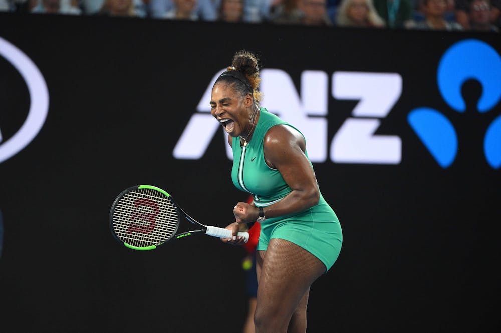 Serena Williams shouting during her match against Simona Halep at the Australian Open 2019