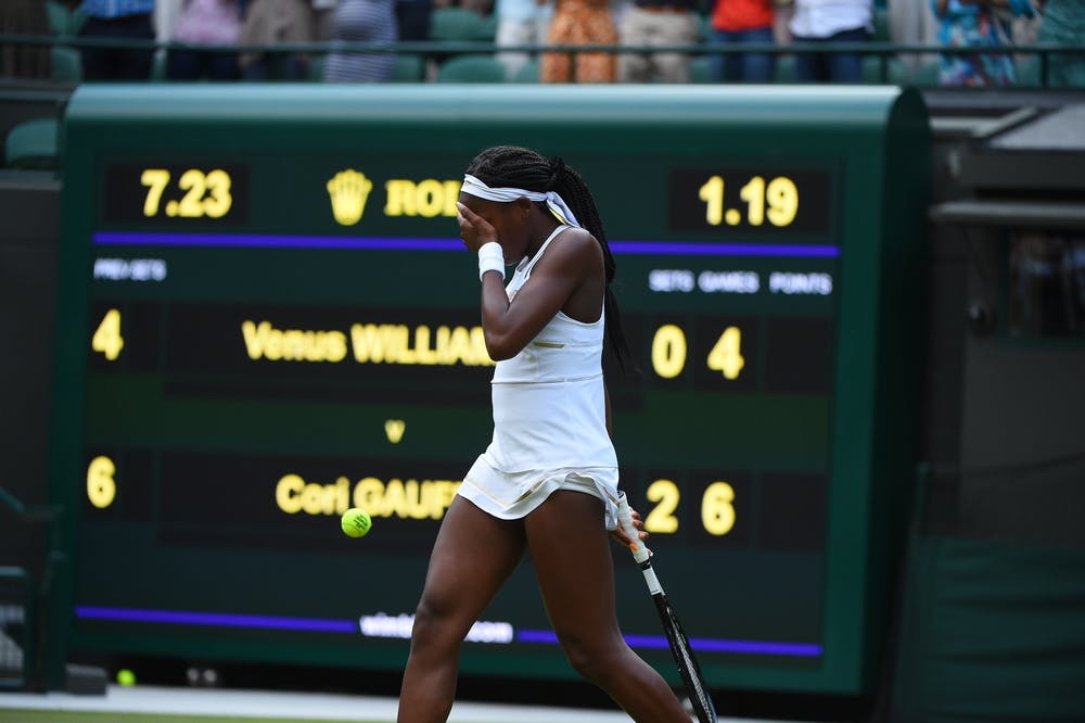 The scoreboard of the first round match between Cori Gauff and Venus Williams during Wimbledon 2019