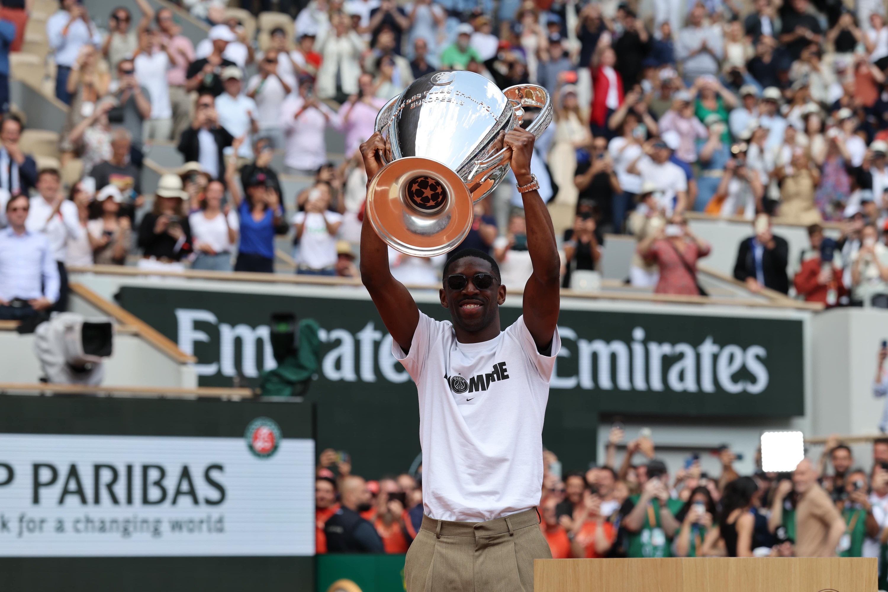 Ousmane Dembélé with the Champions League trophy, Roland-Garros 2025