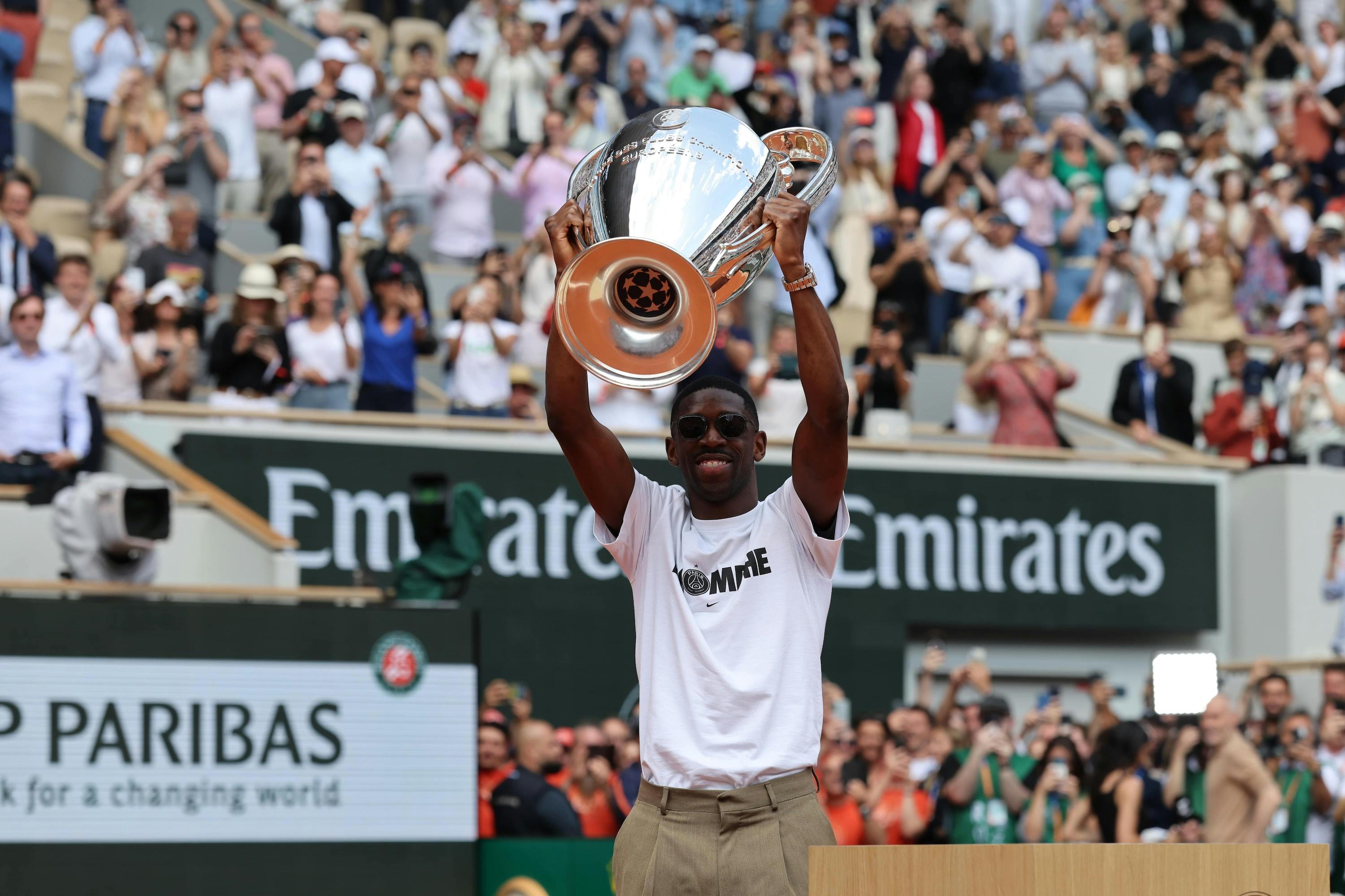 Ousmane Dembélé with the Champions League trophy, Roland-Garros 2025