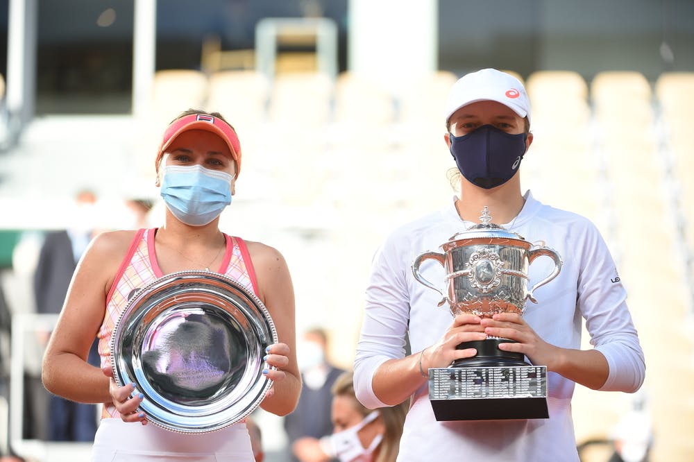 Sofia Kenin and Iga Swiatek posing with their trophies after the 2020 Roland-Garros final