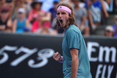 Stefanos Tsitsipas roaring during his second round match at the Australian Open 2019