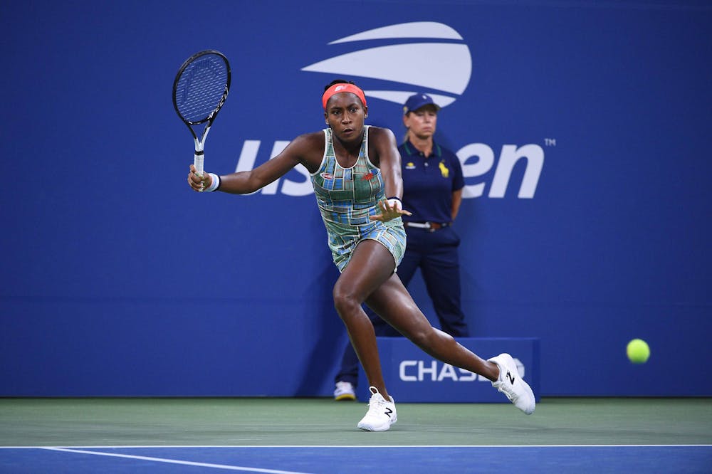 Coco Gauff hitting a forhand during her second round match at the 2019 US Open