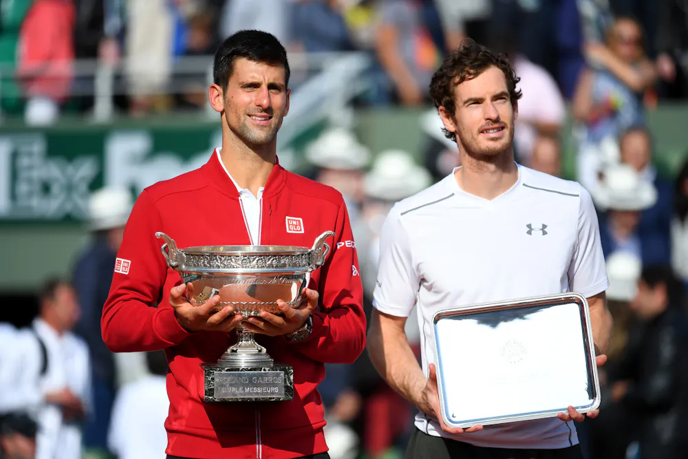 Novak Djokovic & Andy Murray / Photocall trophées Roland-Garros 2016