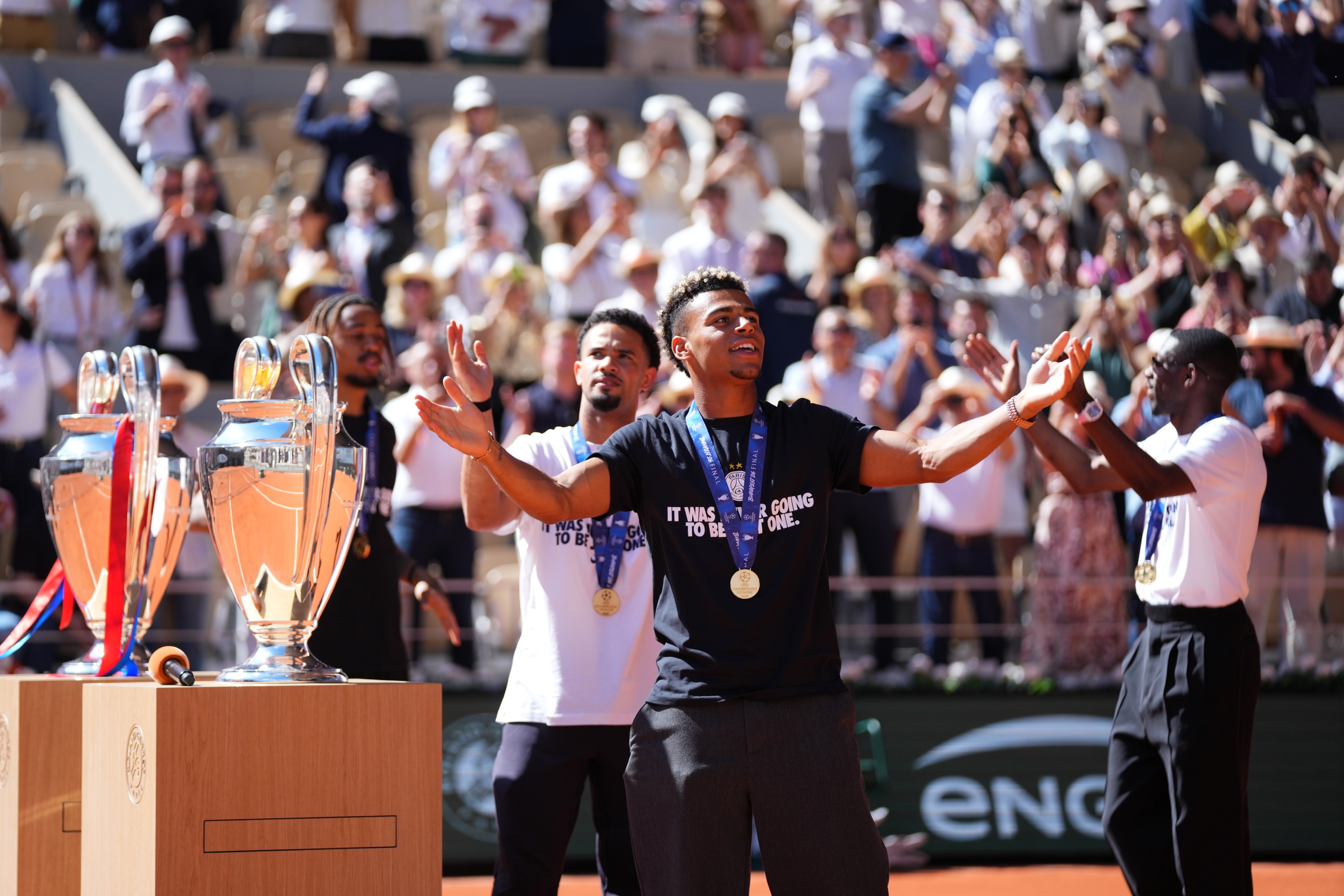 Bradley Barcola, Warren Zaïre-Emery, Désiré Doué & Ousmane Dembélé / Trophées 2025 & 2026 Ligue des Champions - Court Philippe-Chatrier - Roland-Garros 2026