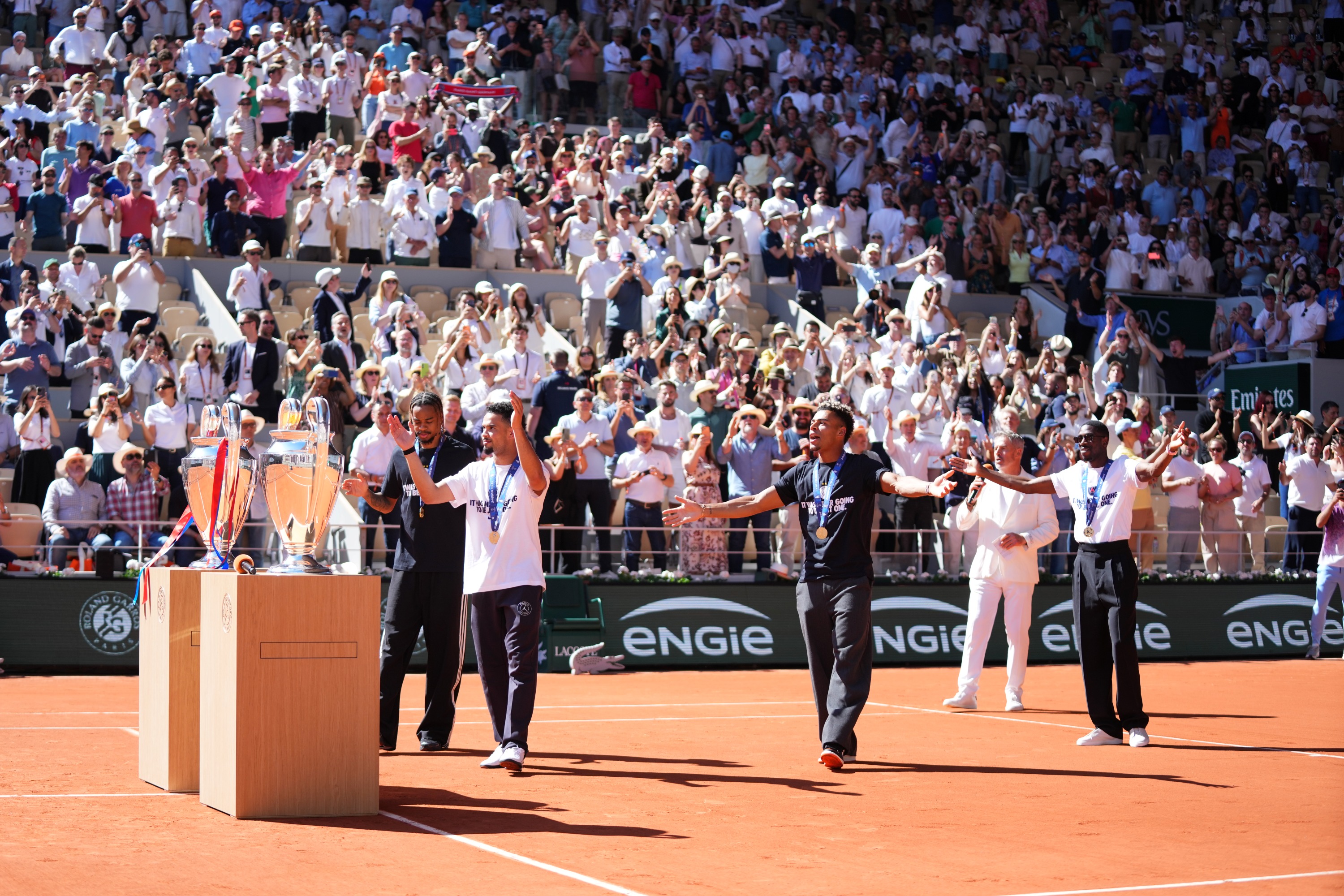 Bradley Barcola, Warren Zaïre-Emery, Désiré Doué & Ousmane Dembélé / Trophées 2025 & 2026 Ligue des Champions - Court Philippe-Chatrier - Roland-Garros 2026