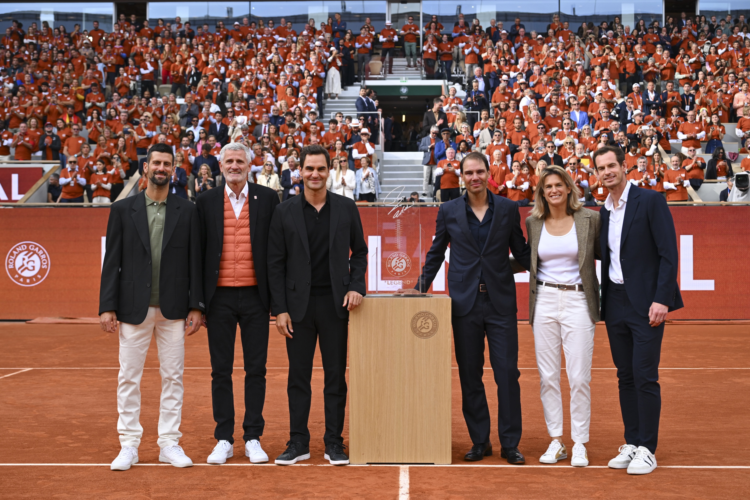 Novak Djokovic, Gilles Moretton, Roger Federer, Rafael Nadal, Amelie Mauresmo, Andy Murray / Roland-Garros 2025 - Cérémonie Hommage à Rafael Nadal