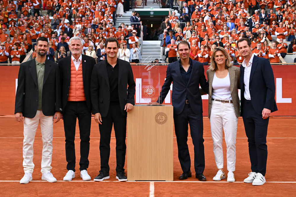 Novak Djokovic, Gilles Moretton, Roger Federer, Rafael Nadal, Amelie Mauresmo, Andy Murray / Roland-Garros 2025 - Cérémonie Hommage à Rafael Nadal Novak Djokovic, Gilles Moretton, Roger Federer, Rafael Nadal, Amelie Mauresmo, Andy Murray / Roland-Garros 2025 - Cérémonie Hommage à Rafael Nadal