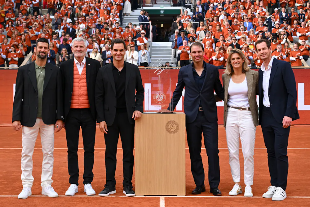 Novak Djokovic, Gilles Moretton, Roger Federer, Rafael Nadal, Amelie Mauresmo, Andy Murray / Roland-Garros 2025 - Cérémonie Hommage à Rafael Nadal Novak Djokovic, Gilles Moretton, Roger Federer, Rafael Nadal, Amelie Mauresmo, Andy Murray / Roland-Garros 2025 - Cérémonie Hommage à Rafael Nadal