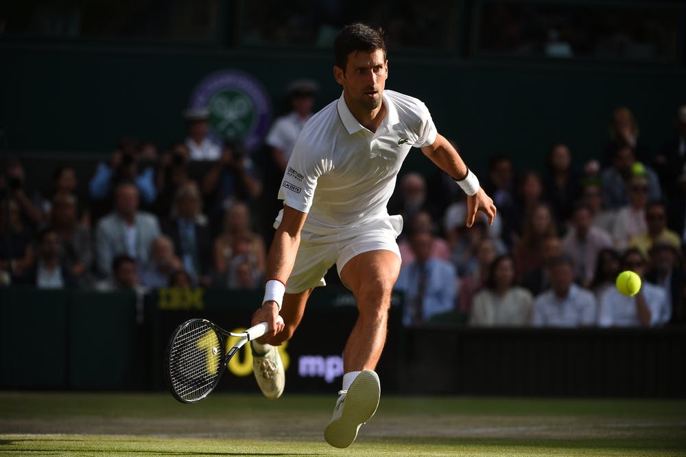 Novak Djokovic going for a dropshot during the Wimbledon 2019 final