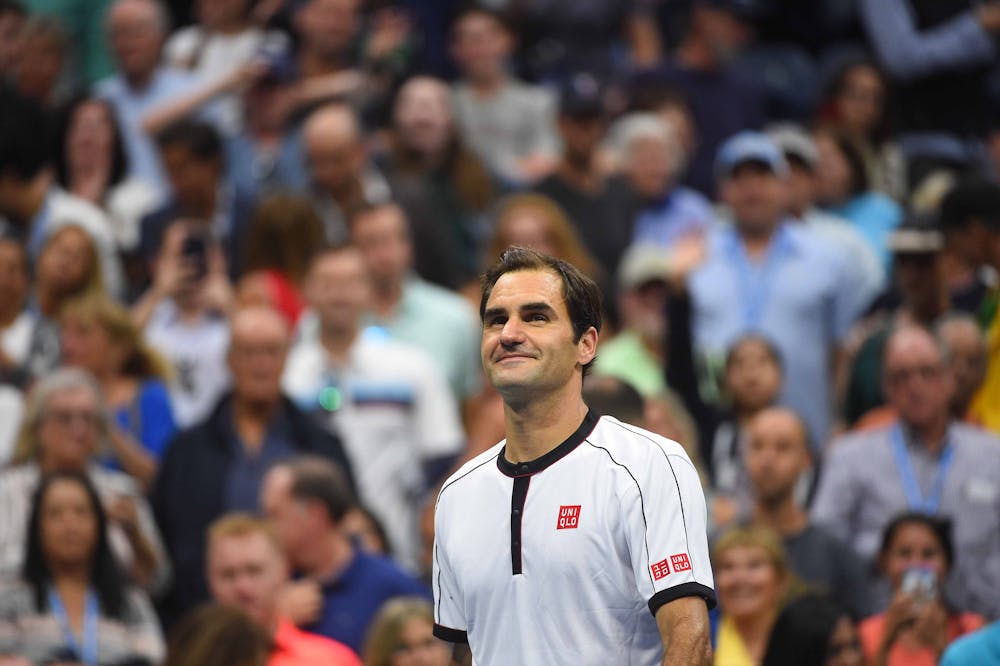 Smiling Roger Federer after a second round match win at the 2019 US Open