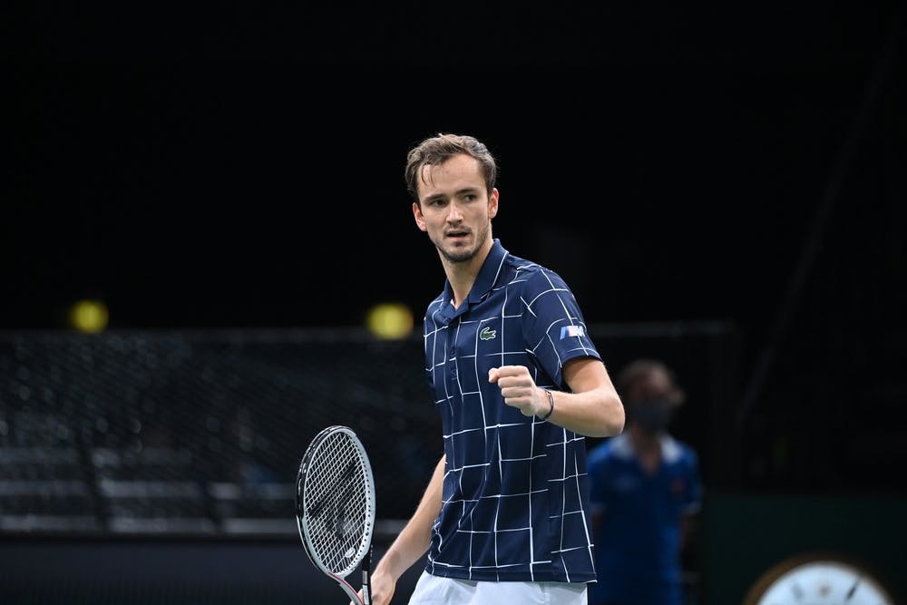 Daniil Medvedev fist pumping during the final of the Rolex Paris Masters 2020