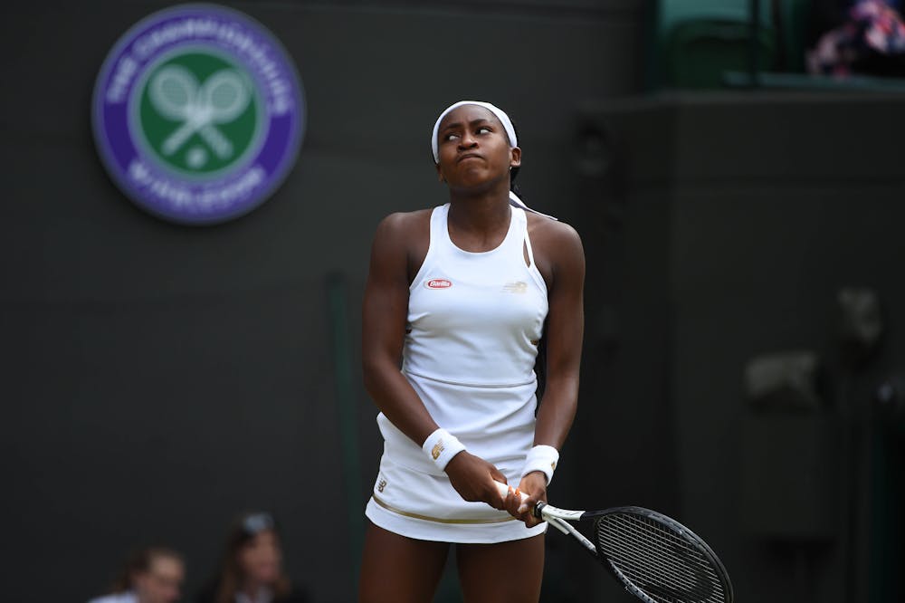 Coco Gauff disappointed during her match against Simona Halep at Wimbledon 2019
