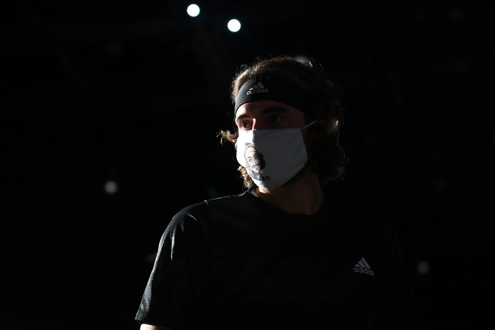 Stefanos Tsitsipas and his mask during Rolex Paris Masters 2020