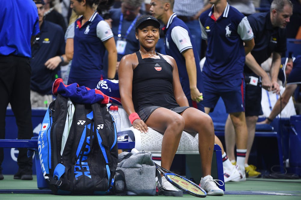 Naomi Osaka on her chair after having qualified for the 2018 US Open final